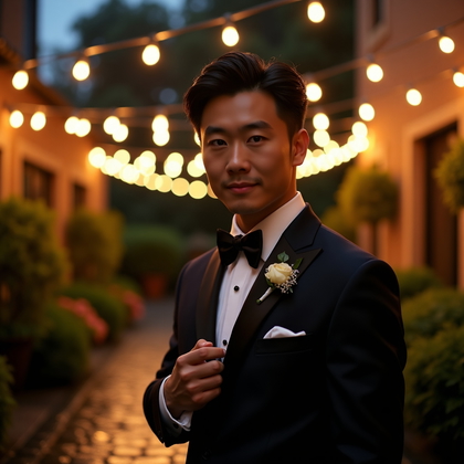 AI-generated photo: Photorealistic wedding photography in a twilight garden courtyard beneath string lights, the subject...