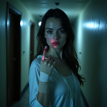 Minimal Blood Clean-Face Survivor Portrait example: Cinematic horror double-exposure portrait photo. Unexpected creative upper-body portrait with the survivor facing forwar