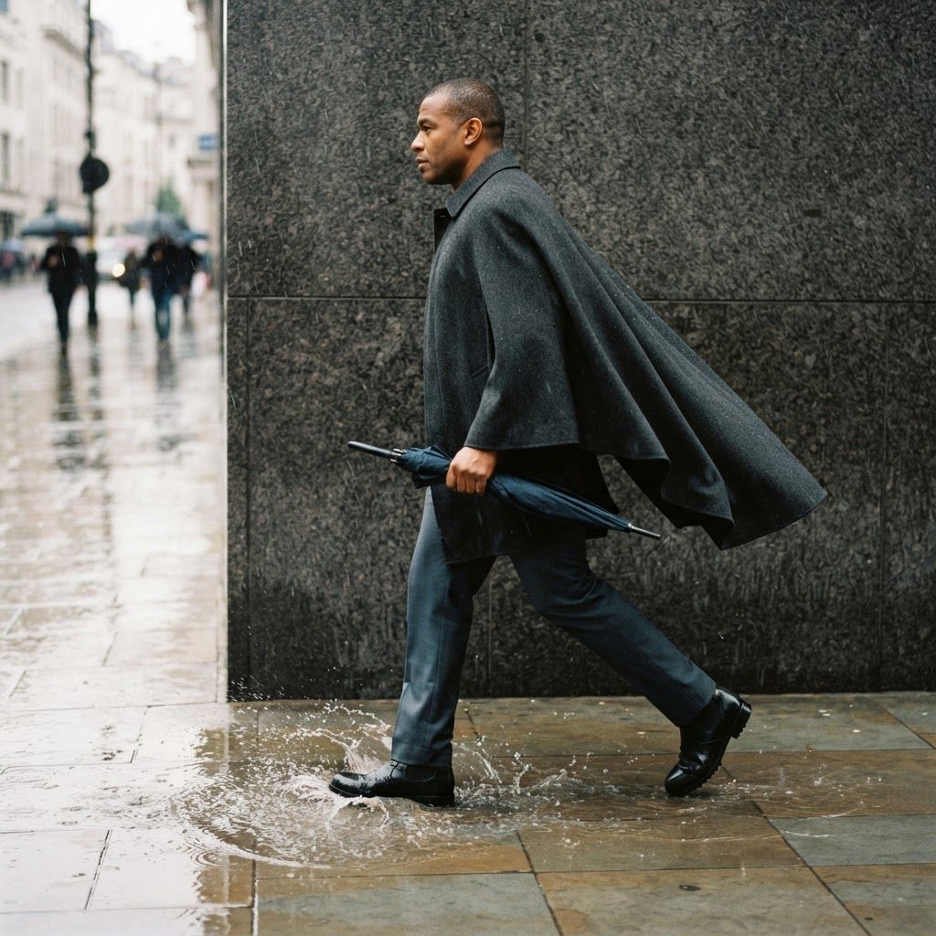 Rain-Swept Cape Commute: Low, full-length side view on a wet sidewalk beside a plain granite office façade.