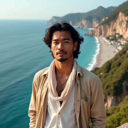 Close-Up Riviera Beauty Portraits With Sunglasses, Scarves, or Windblown Hair example: Photorealistic portrait photography. Environmental portrait on a cliffside overlook above turquoise water, composed with