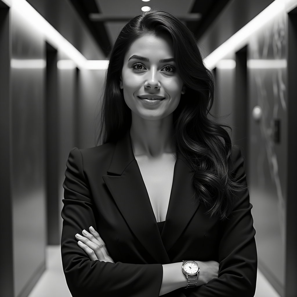 AI-generated photo: Professional black-and-white headshot photography in a marble-and-steel elevator lobby with strong a...