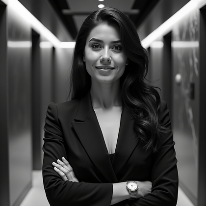 AI-generated photo: Professional black-and-white headshot photography in a marble-and-steel elevator lobby with strong a...