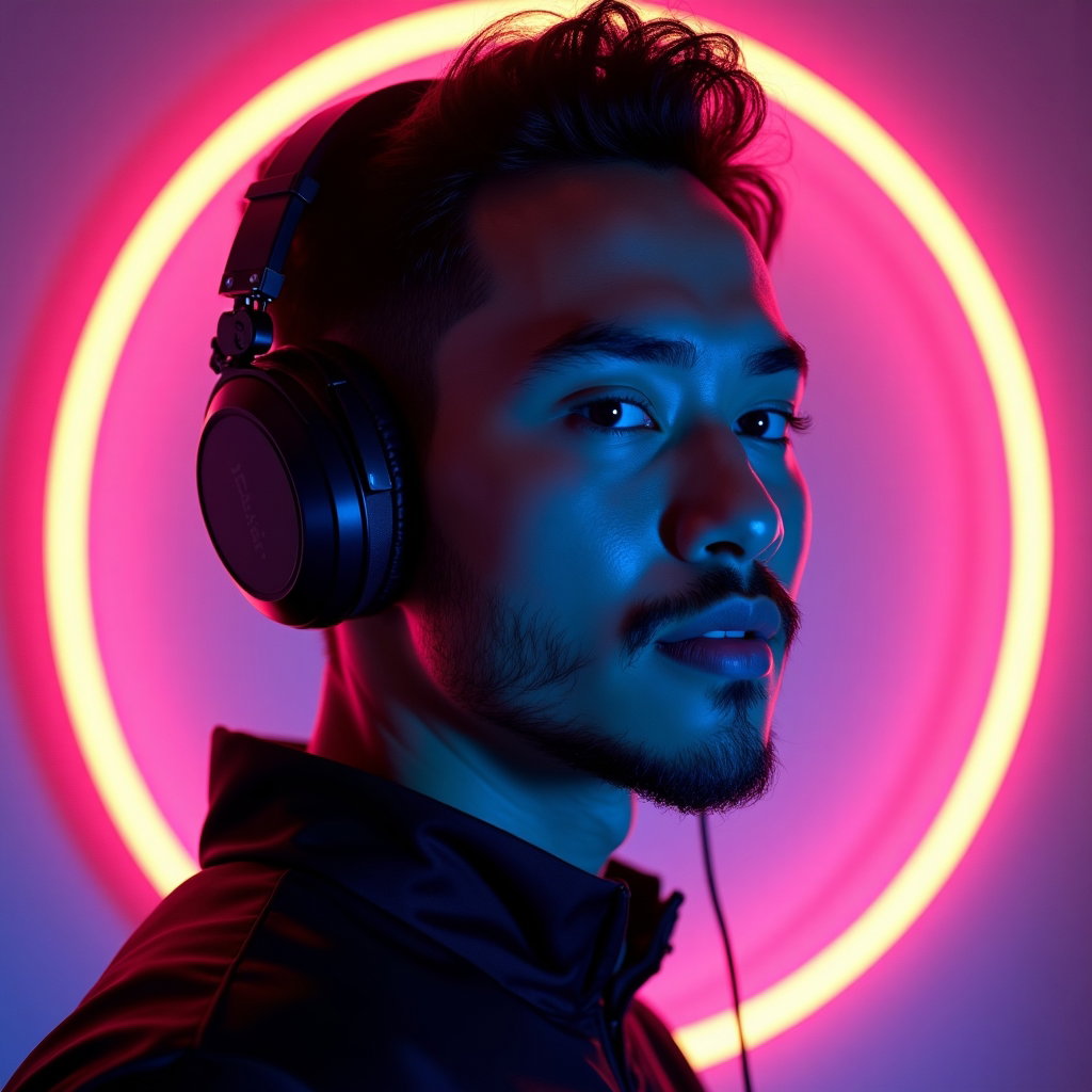 Neon Electropop Album Cover Portraits example: Photorealistic neon electropop album cover portrait. Tight head-and-shoulders profile/avatar crop with the face centered