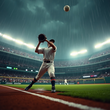 AI-generated photo: Photorealistic sports photography. Overhead-leaning three-quarter view of an infielder camped under ...