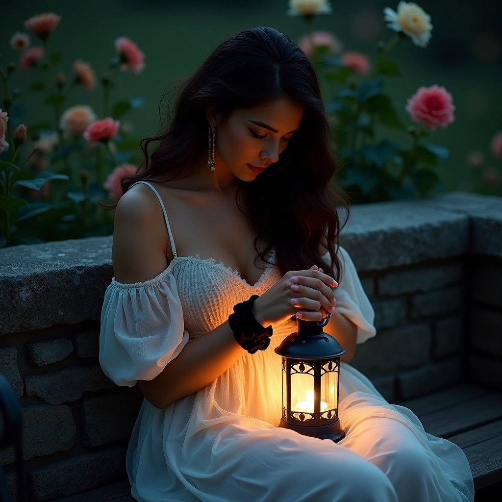 Jardin nocturne à la lanterne : portrait assis intime sur un vieux banc de pierre dans un jardin nocturne, avec une seule personne visible berçant une lanterne allumée sur ses genoux.