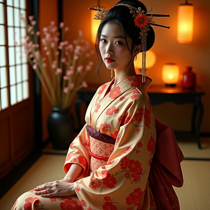 AI-generated photo: Fashion editorial portrait photography, a high-end geisha-inspired portrait designed with couture-le...