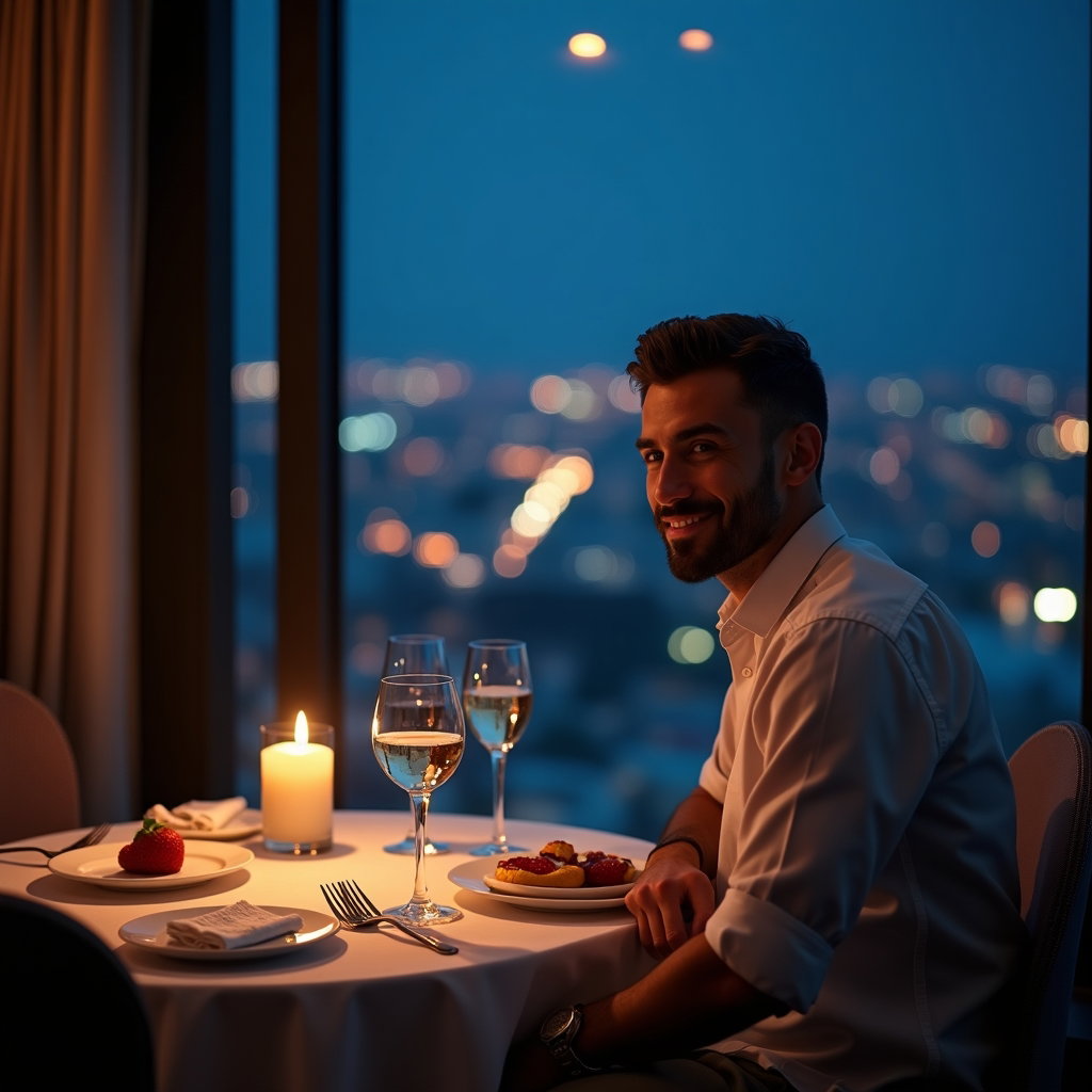 Birthday Dinner Solo Portraits That Feel Elegant example: Photorealistic portrait photography. Environmental solo portrait seated at a window table overlooking city lights, angle