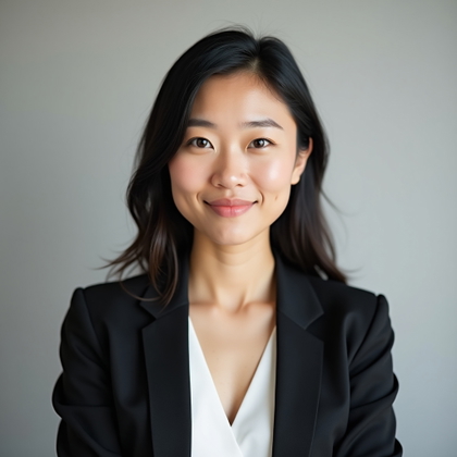 Professional headshot photograph. Tight close-up portrait with the face clearly visible, the subject angled slightly toward the viewer with a calm, confident expression and a polished blazer over a clean business top. Use a soft neutral studio backdrop, flattering diffused lighting, subtle shadow shaping, minimal distractions, and a refined gray-and-white color palette for a classic LinkedIn-ready result.