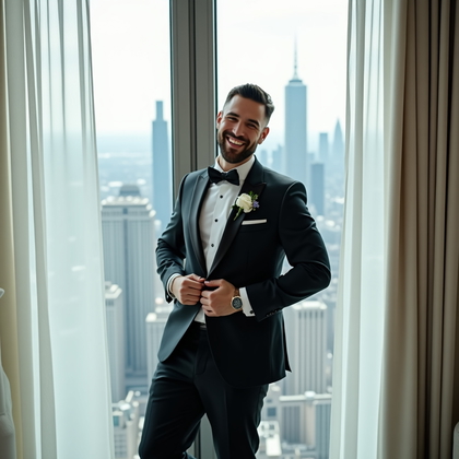 AI-generated photo: Photorealistic wedding photograph in a high-rise venue, where the suited subject leans a shoulder in...