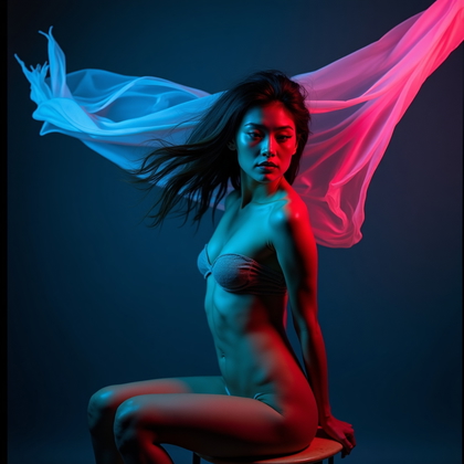 AI-generated photo: Photorealistic studio portrait photograph of a person in a seated pose on a low stool, leaning forwa...