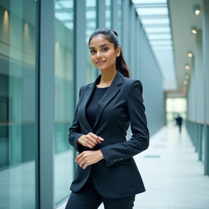Professional executive photography. Full-body portrait on a glass-lined corporate campus walkway, with the subject captured mid-stride toward the viewer, one hand adjusting a cuff and the face sharp, composed, and visible. Style with a structured business coat over formal office attire, clean architectural leading lines, steel-blue reflections, even daylight, and a confident mobility-focused composition.