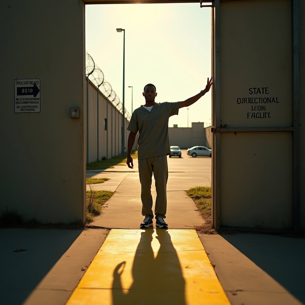AI-generated photo: Photorealistic release-day gate portrait photograph with the person framed from mid-thigh up, standi...