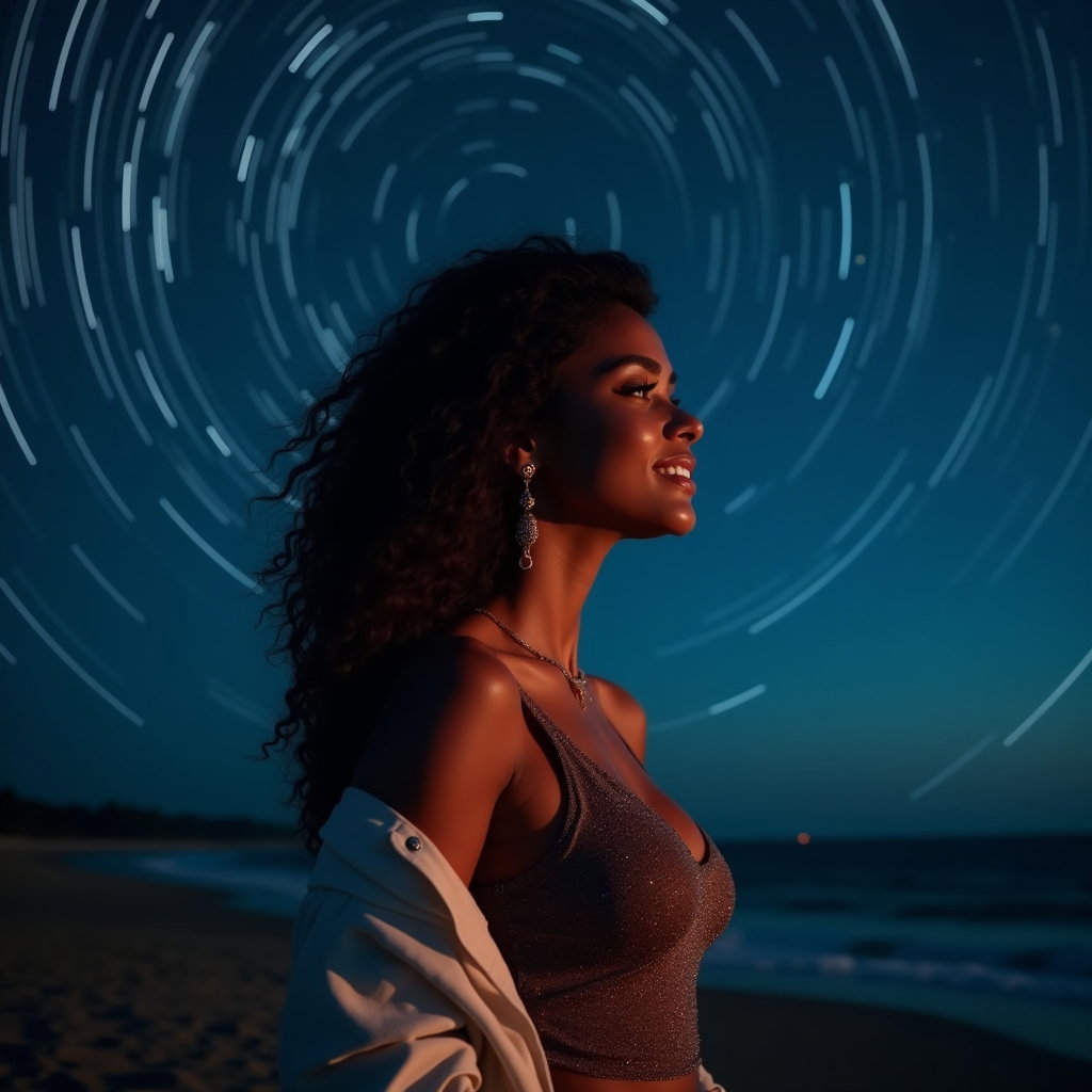 AI-generated photo: Photorealistic nighttime portrait photography, face-in-profile captured from the chest up on a dark ...
