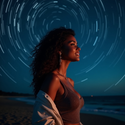 AI-generated photo: Photorealistic nighttime portrait photography, face-in-profile captured from the chest up on a dark ...