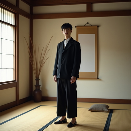AI-generated photo: Fashion portrait photography, a zen-inspired editorial portrait staged in a quiet tatami room with a...