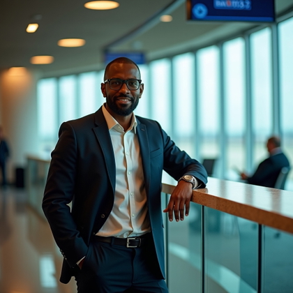LinkedIn photo photography. Half-body portrait in a quiet premium business travel lounge, the subject standing near a sleek bar-height counter with one hand on a compact carry-on handle and the other relaxed, face turned clearly toward the viewer with an alert, approachable expression. Wardrobe is travel-ready executive attire with a tailored coat or blazer, with blurred departure information and runway windows in the background, cool daylight mixed with warm lounge lamps, and a clean teal-gray and camel color palette.
