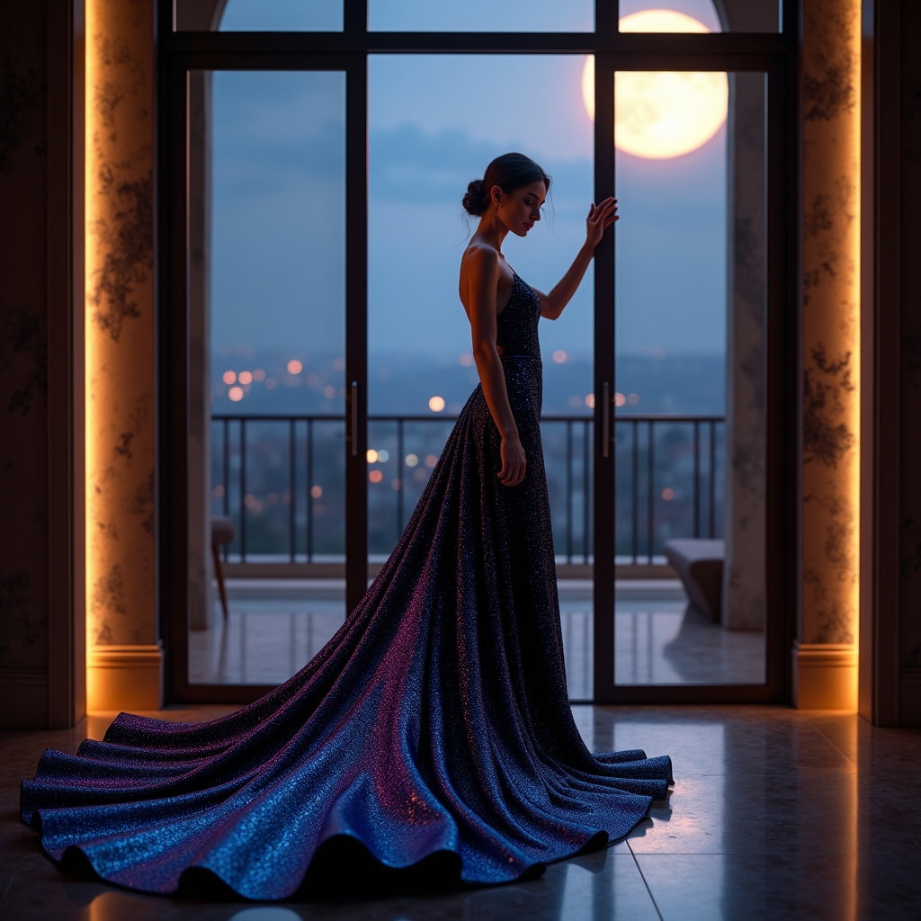 AI-generated photo: Photorealistic fashion photography, a glamorous galaxy eveningwear look captured in an opulent, dark...