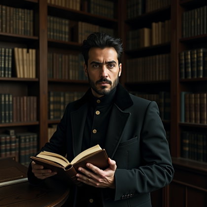 Dark Academia Library Poet Portrait example: Surreal photorealistic portrait photography. Unexpected creative variation with handwritten poem lines projected across