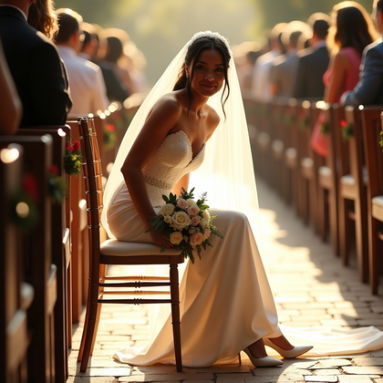 AI-generated photo: Photorealistic wedding photography in a ceremony space where the bride edge-perches on a Chiavari ch...