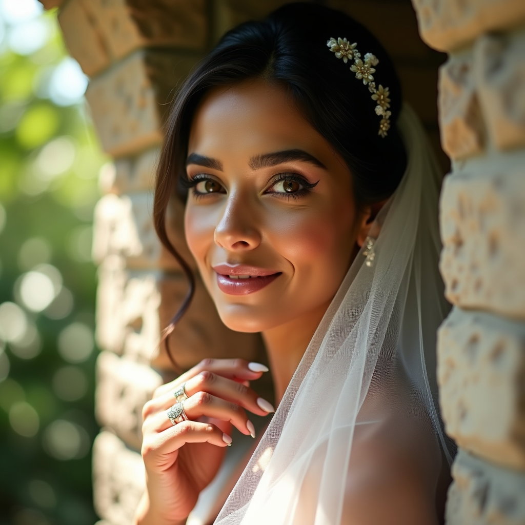 AI-generated photo: Photorealistic bridal beauty close-up in a garden alcove with dappled sunlight, face centered with t...