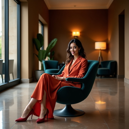 Dating profile photo, an editorial hero image in a design-forward hotel lobby, with the subject seated on a sculptural lounge chair, one leg angled casually, posture upright, and a calm magnetic smile. Style with chic travel-ready fashion, dramatic architectural lighting, rich textures, deep jewel tones, polished reflections, and a wide cinematic composition that feels aspirational without looking staged.