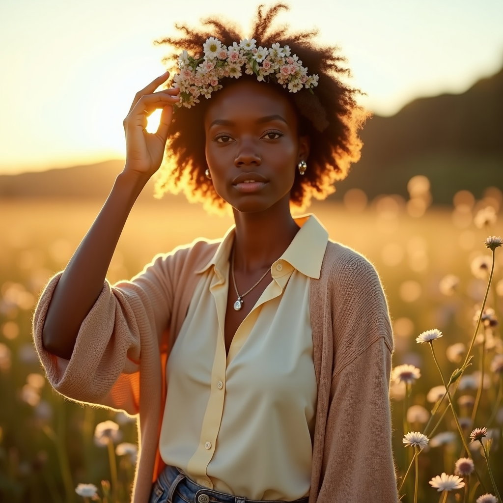 Wildflower Crown Poet Portrait in Golden Hour Light example: Photorealistic poetcore portrait photography. Half-body portrait in a sunlit wildflower field, wearing a flowing cream b