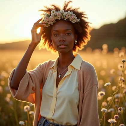 Wildflower Crown Poet Portrait in Golden Hour Light example: Photorealistic poetcore portrait photography. Half-body portrait in a sunlit wildflower field, wearing a flowing cream b