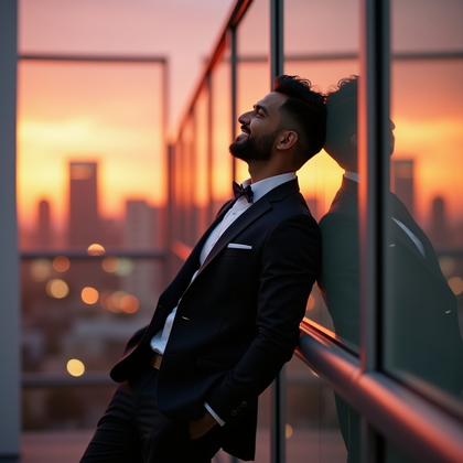 AI-generated photo: Photorealistic wedding photograph of a suited subject leaning back into a glass terrace railing at s...