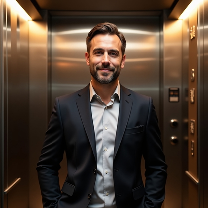 Professional headshot. Centered chest-up portrait in a premium elevator lobby with brushed metal walls and softly glowing backlit floor numbers, linear cove lights forming clean gradient bands behind; tailored dark blazer over a light dress shirt with understated accessories, square stance and direct, confident expression; soft frontal key with gentle fill and a subtle shoulder rim for crisp separation against the metallic background, refined corporate color grading with clean catchlights and controlled background blur to maintain context.