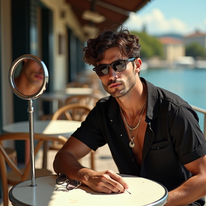 Café Terrace Solo Portraits With Effortless Vacation Style example: Photorealistic creative fashion portrait. A solo subject is reflected in the polished chrome edge of a café table and a