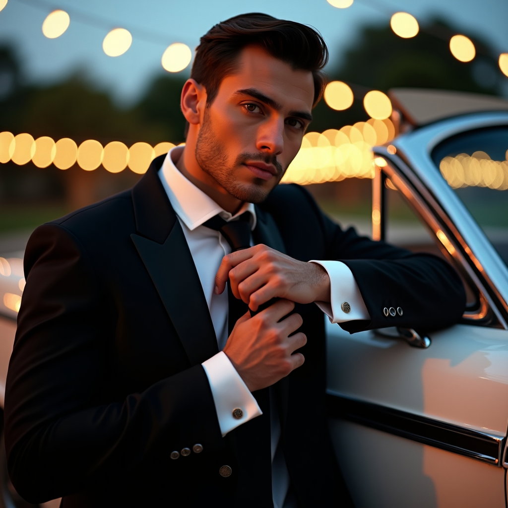 AI-generated photo: Photorealistic fashion-forward wedding portrait; leaning beside a classic car, the subject adjusts a...