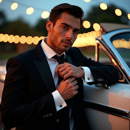 AI-generated photo: Photorealistic fashion-forward wedding portrait; leaning beside a classic car, the subject adjusts a...