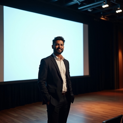 Editorial business hero photograph. Wide professional portrait at the front of an empty presentation space, with the subject standing confidently near a large blank projection screen and facing the viewer with a ready-to-lead expression. Use sophisticated business attire, warm stage lighting balanced with cool corporate accents, strong negative space for article text, and a premium keynote-speaker atmosphere.