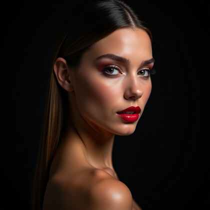 AI-generated photo: Photorealistic beauty portrait photography, close-up of a confident subject with bold, high-contrast...