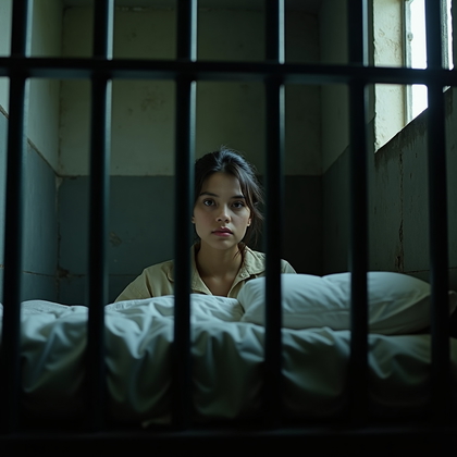 AI-generated photo: Photorealistic prison photography. The image is shot from inside a dim cell, with thick vertical and...