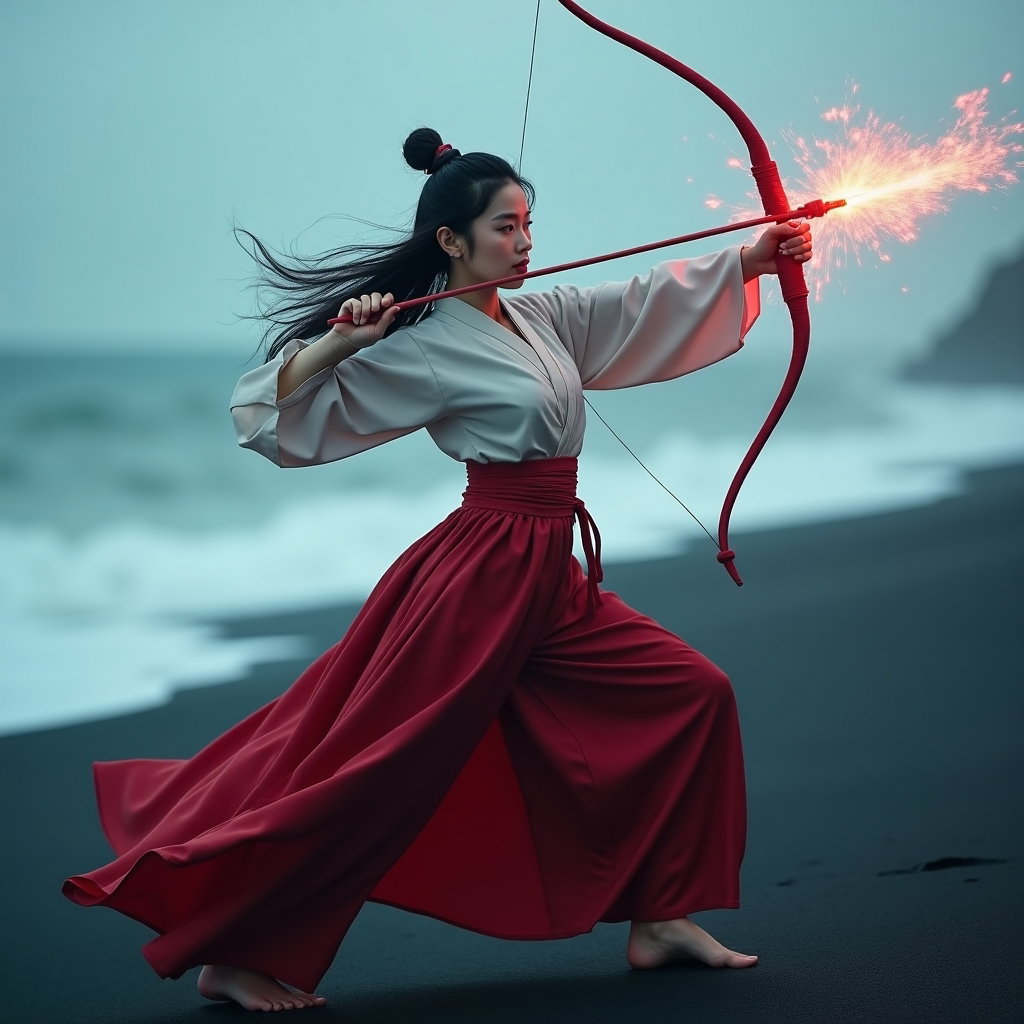 Hanbok-Inspired Demon Hunter Portrait example: Cinematic K-pop fantasy portrait photo. Dynamic motion-action portrait on a wind-lashed black sand shoreline, the subjec