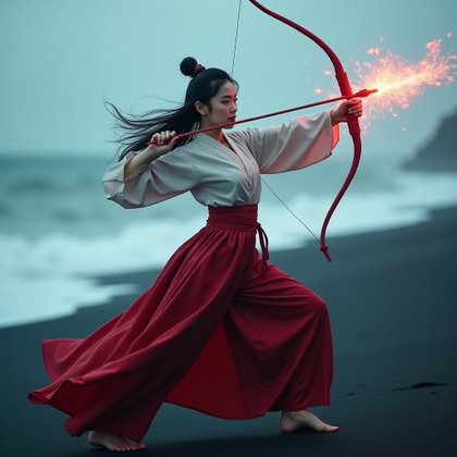 Hanbok-Inspired Demon Hunter Portrait example: Cinematic K-pop fantasy portrait photo. Dynamic motion-action portrait on a wind-lashed black sand shoreline, the subjec