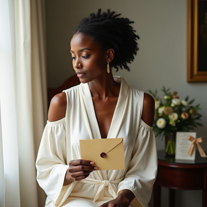 AI-generated photo: Photorealistic wedding photography of a quiet letter reading by a bright window, the subject holding...