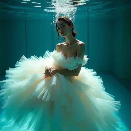 AI-generated photo: Photorealistic underwater fashion photography, mid-distance portrait in a luxurious indoor pool, whe...