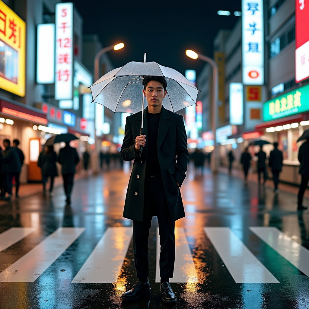 AI-generated photo: Fashion editorial street photography, a luxurious rainy-night portrait set at a Japanese crosswalk w...
