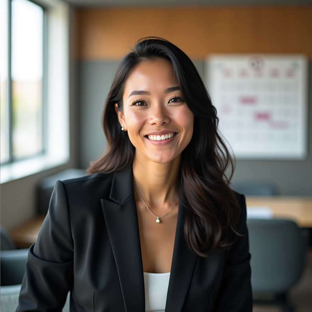 AI-generated photo: Professional headshot photo in an open-plan innovation lounge featuring acoustic felt panels and a s...