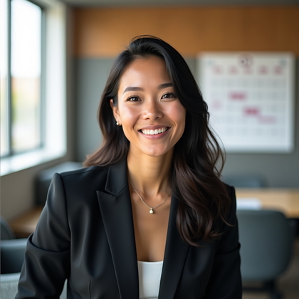 AI-generated photo: Professional headshot photo in an open-plan innovation lounge featuring acoustic felt panels and a s...