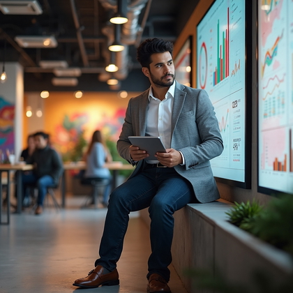 AI-generated photo: LinkedIn photo of an innovative tech entrepreneur in an open-plan, bustling co-working space brimmin...