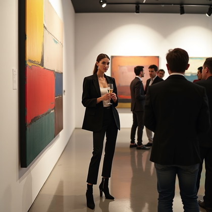 Photorealistic fashion photograph at a contemporary art gallery opening, subject standing before a large abstract canvas with thick impasto and vivid color blocks, one hand casually holding a slender champagne flute at waist height and the other relaxed at the side, body turned three-quarters toward camera with chin slightly elevated and direct, charismatic gaze; face fully visible and crisp. Track lighting pools onto white walls and polished concrete floors, casting soft-edged shadows that sculpt the silhouette and add dimensionality to the jawline and collarbone area. The wardrobe is sleek and architectural: structured blazer, clean-lined top, tailored trousers, and refined ankle boots with subtle metal hardware. Background guests are rendered as tasteful, shallow-focus shapes to maintain gallery ambience without stealing focus from the subject.