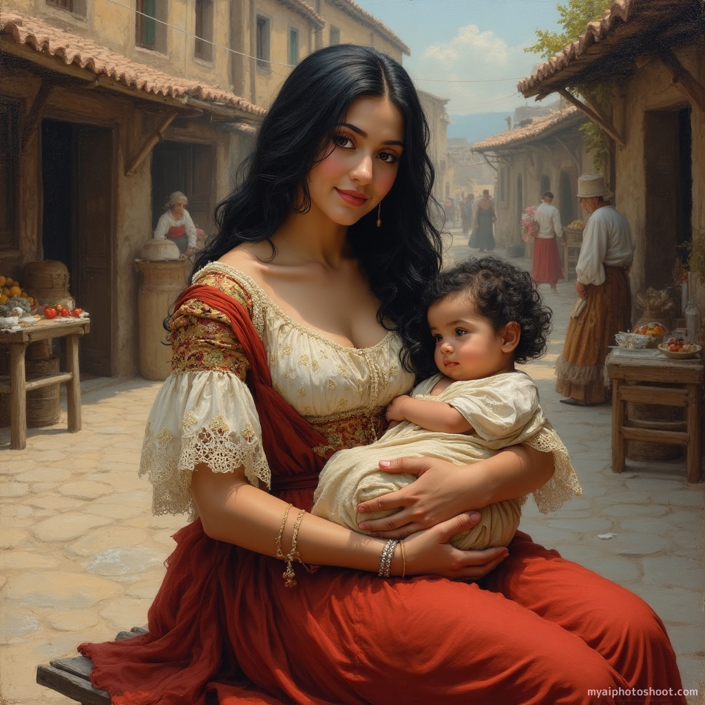Renaissance oil painting. A serene and tender scene of a mother and child in a quaint village setting. The mother, seated on a wooden bench, cradles her young child in her arms, with a gentle smile that exudes warmth and care. The village square is bustling with activity, depicted with a rich tapestry of colors and textures. The artist uses a dynamic palette, with vibrant reds and golds juxtaposed against softer earth tones, creating a sense of both vibrancy and tranquility. The mother’s attire features delicate lace and embroidery, typical of the period, while the child is swaddled in a simple cloth. The background reveals a market scene, with villagers engaging in daily activities, enhancing the realism and context of the era.
