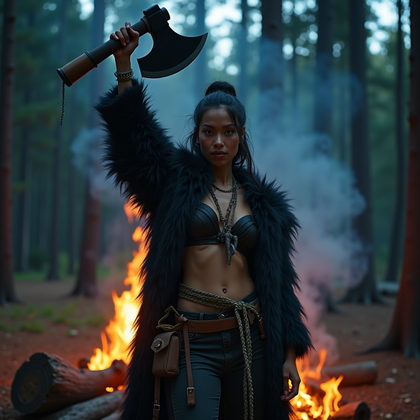 AI-generated photo: Photorealistic cinematic fashion photography in a forest clearing at twilight, campfire embers swirl...