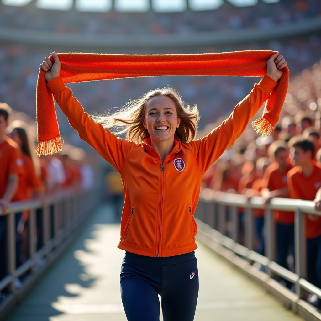 Stadium Arrival Hero Portraits example: Photorealistic sports portrait photography. Motion-focused stadium arrival portrait of a single fan jogging up the entra