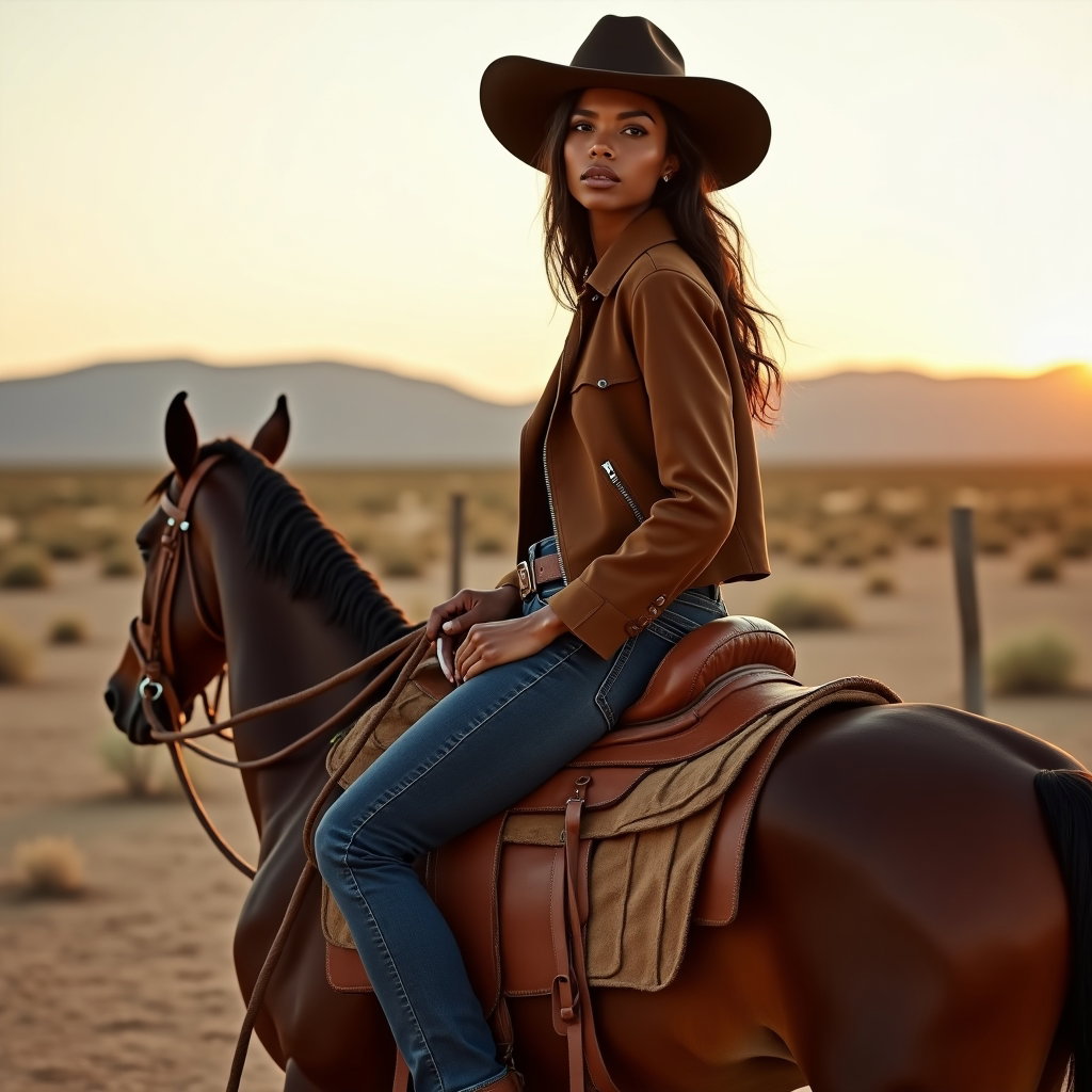 AI-generated photo: Editorial fashion photography, the subject seated saddle-style on a vintage leather saddle mounted o...