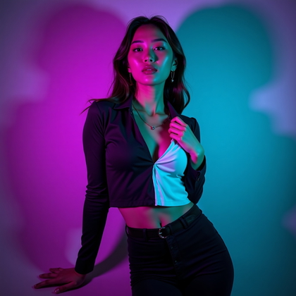 AI-generated photo: Photorealistic studio portrait photograph. The subject is framed from waist up, leaning slightly tow...