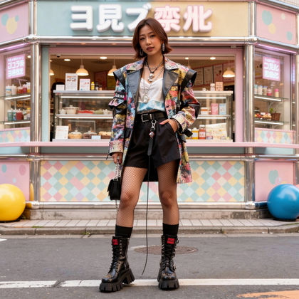 AI-generated photo: Photorealistic fashion portrait, a Harajuku-inspired fashio…
